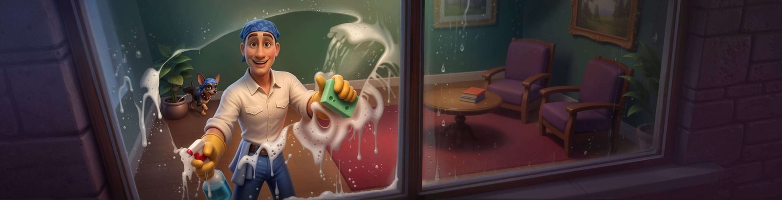 Pracownik Casoola myje szybę w lobby